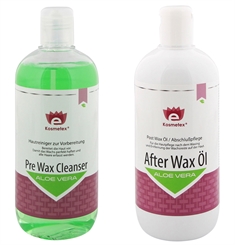 Kosmetex Set Pre Wax Cleanser - After Wax Öl Aloe Vera entfernt Wachsreste nach dem Wachsen - Reinigung und Waxing Abschlußpflege, 2x 500ml 