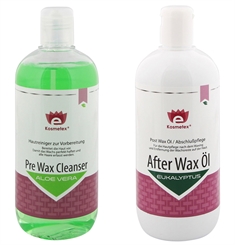 Kosmetex Set Pre Wax Cleanser - After Wax Öl Eukalyptus entfernt Wachsreste nach dem Wachsen - Reinigung und Waxing Abschlußpflege, 2x 500ml 
