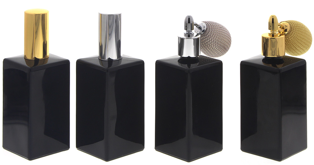 Kosmetikexpertin.de | Glas-Flakon schwarz mit Zerstäuber oder Ballpumpe,  100ml Kosmetex Parfüm-Zerstäuber, schwarz, leer | Kosmetik online kaufen